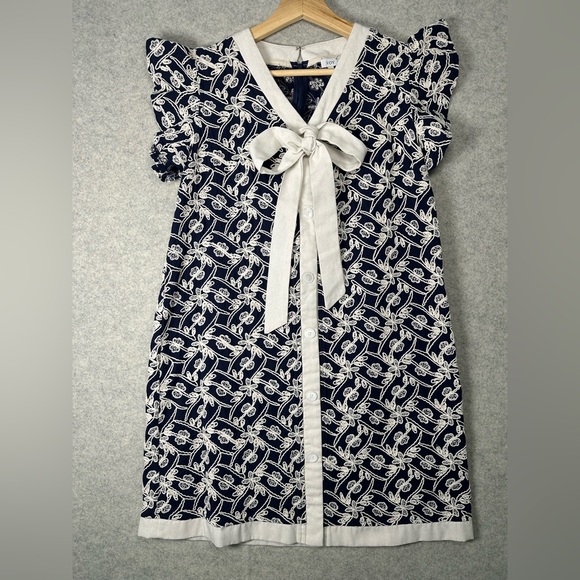 Voy Dresses & Skirts - VOY Navy White Embroidered Ruffle Sleeve Cotton Dress M